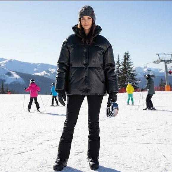 Avec Les Filles Jackets & Blazers - Anthropologie Avec Les Filles Black Faux Leather Puffer Jacket